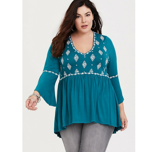 Torrid Super Soft Aqua Embroidered Babydoll Tee